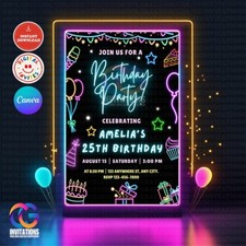 Plantilla de invitación de fiesta de cumpleaños de neón editable, plantilla de fiesta brillante