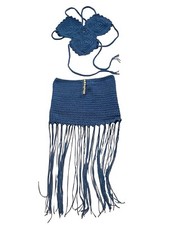 Navy Blue Handmade Crochet Top And Fringed Skirt Set