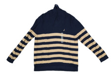 Nautica Striped Cable Knit Sweater Stellar Blue Heather Navy Cotton V-Neck XL