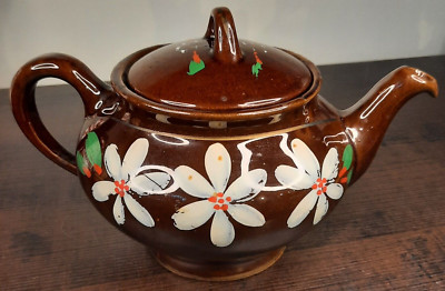 Teapot Vintage Brown and Floral Pottery Tea Pot White Flowers Royal Canadian 