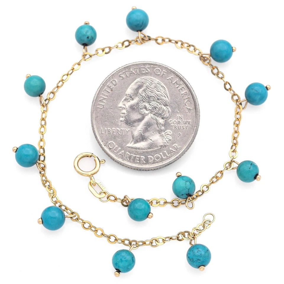Vintage 14K Yellow Gold Turquoise Beaded Dangle Station Chain Bracelet - Image 3 of 4