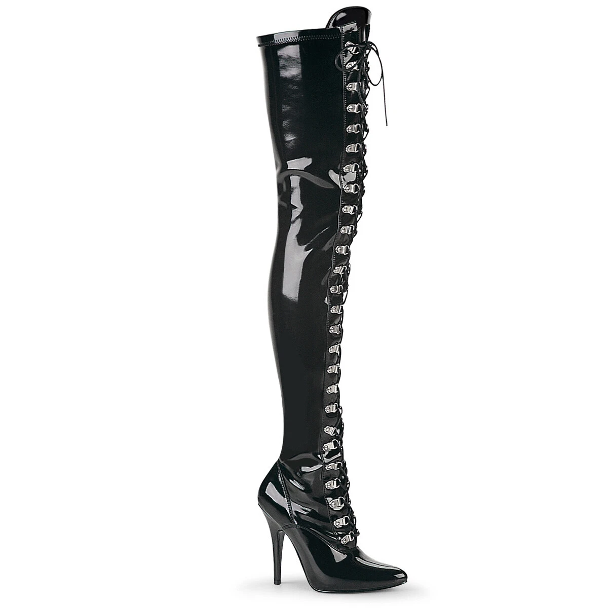 Black Latex Thigh High Lace Up Over the Knee Fetish Hooker Boots