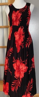 Handmade Floral Maxi Dress Sz M Red Black Smocked Beach Cottagecore Boho