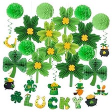 24Pcs St Patricks Day Decorations Shamrock Paper Fans Lucky Banner Honeycomb