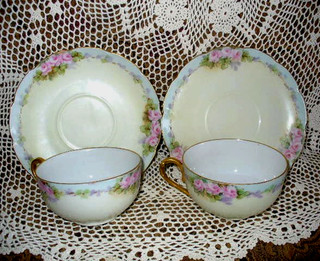 Victoria Austria Tea Cups Saucers Pink Roses Blue edge SET OF 2 RARE Gold Trims