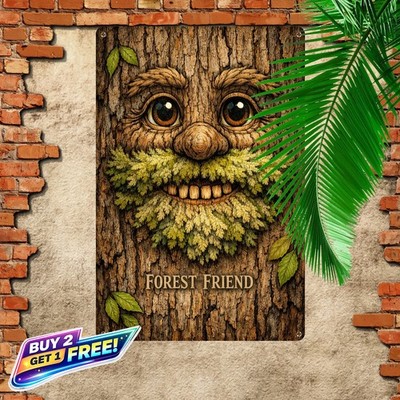 Whimsical Tree Face Big Googly Eyes Bark Texture Metal Tin Sign Wall Art