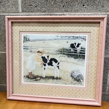 June Kolarich Little Girl/Cows Framed Picture, 18x16, Vintage Homco, Pink Frame
