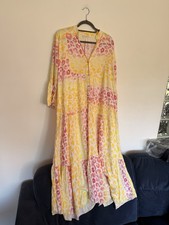 Vibrant Pink & Yellow Leopard Print Tiered Boho Maxi Dress - Size Large Holiday