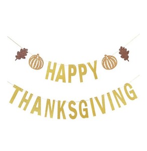 Uniwish Happy Thanksgiving Gold Glitter Party Banner with Pumpkins & Leaves