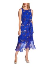 VINCE CAMUTO Womens Blue Ruffled Floral Sleeveless Midi Sheath Dress 0