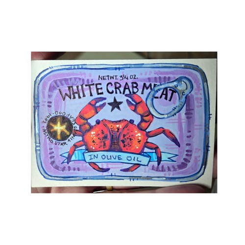ACEO Acrylic Painting Purple White Crab Meat Tin Can Art Pop Art Miniature Art