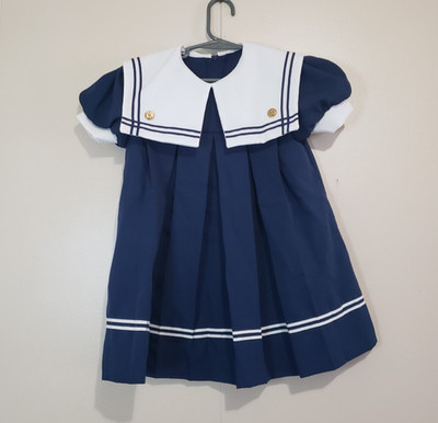 Vtg Fashion Kids Girls 6 Sailor Dress Blue White Puff Sleeve Collared Nautical