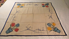 Vintage Cotton TABLECLOTH, DUTCH TULIPS, Embroidered Luncheon, 35"x37"