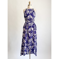 Bohemian Athleta Ikat Maxi Dress S Blue White Halter Tassel High Low Hem