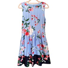 Vince Camuto Floral Fit & Flare Dress Blue Red Pleated Sleeveless Size 8