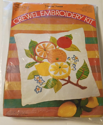 1969 Pauline Denham Crewel Embroidery Kit Tropical Fruit #6015 Pillow 14x14 NOS