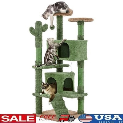 Cactus Cat Tree Medium Cats W/ Padded Perch Cozy Condos & Hanging Ball Green New