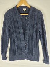 LL Bean Cable Knit Cardigan Sweater Women's Size S navy 100 Cotton Button Up