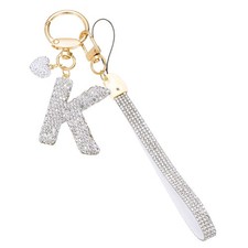Bling Initial Letter Keychain Key Wristlet for Bag Car Accessories, Silver-K