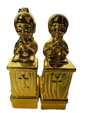 Vintage Praying Children Bookends Pair Boy Girl Antique Gold Finish Decor