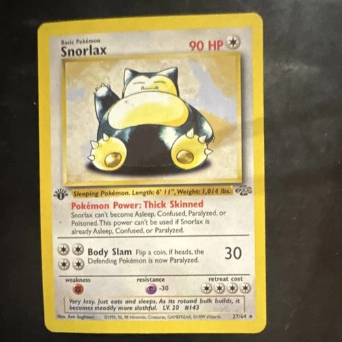 Pokémon Snorlax 1st Edition Rare Jungle Basic 90 HP Card 27/64 1999 English