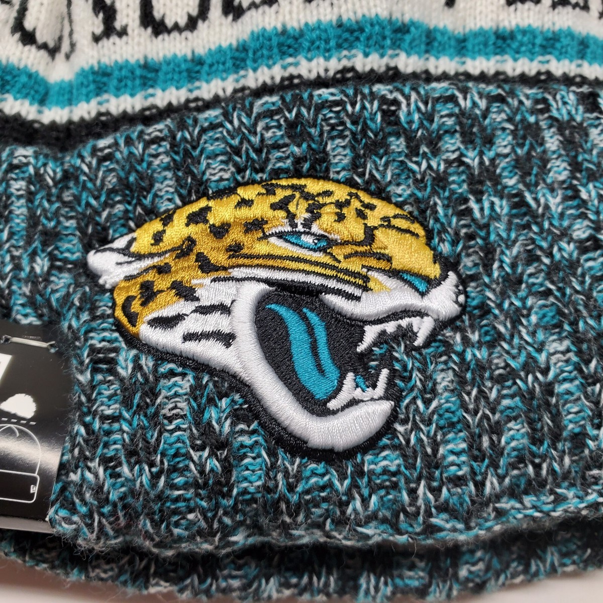 Jacksonville Jaguars Beanie Cream design with teal and gold rhinestones, Logo Jacksonville Jaguars Knit Beanie | NFL | Starter main image 3