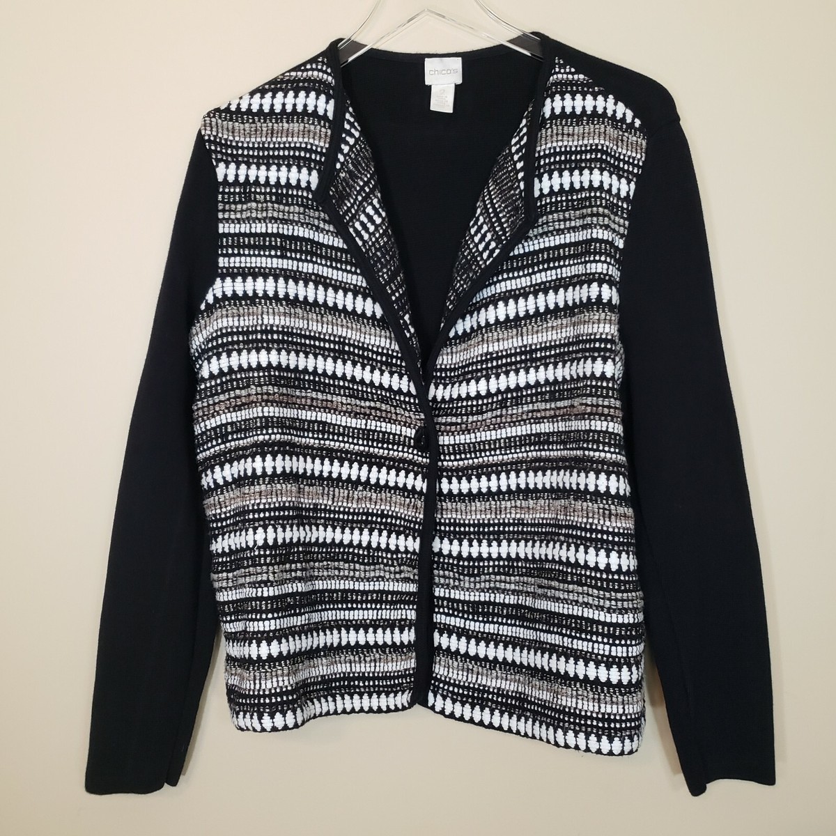 Chicos Cardigan Black White Brown Mixed Knit Front One Button Size Large