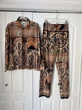 VTG PJ’s To Go 2 Piece  Paisley Tan Brown Tailored Pajamas Size Small USA W17