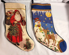Vntage Needlepoint Christmas 19" Stockings Santa Claus Snowman Velvet Backs
