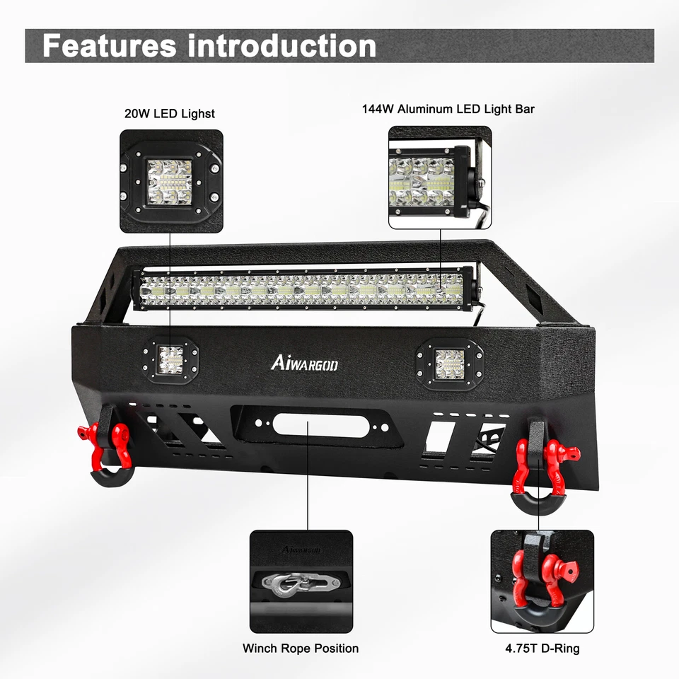 Parachoques delantero con placa de cabrestante y LED y kit de anillo en D rojo para Toyota 4runner 2010-2021 Foto 4 de 4