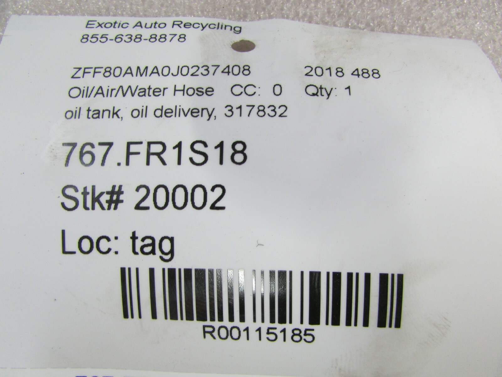 Ferrari 488, Lower Oil Tank Hose, Used, P/N 317832
