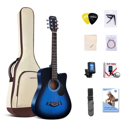 Lankro 38 Zoll Akustik Gitarre für Anfänger Westerngitarre Blau Linde Cutaway...