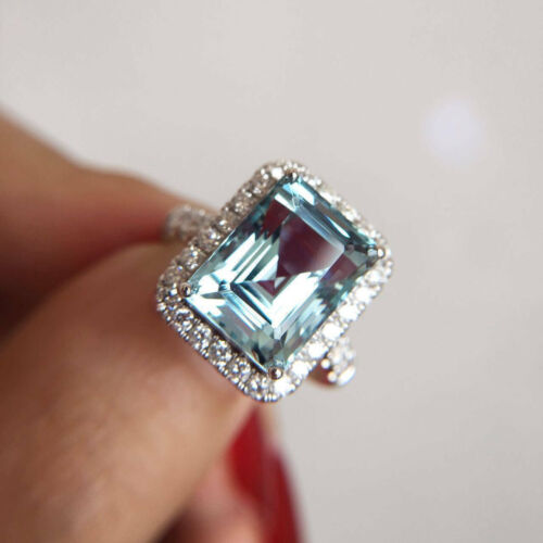 3Ct Emerald Cut Lab Created Aquamarine Halo Engagement Ring 14K White Gold Over - Picture 1 of 7