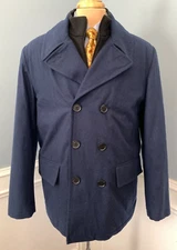 Haggar Peacoat Mens L Navy Blue Wool Blend Quilted Inner Zip Nautical Coat