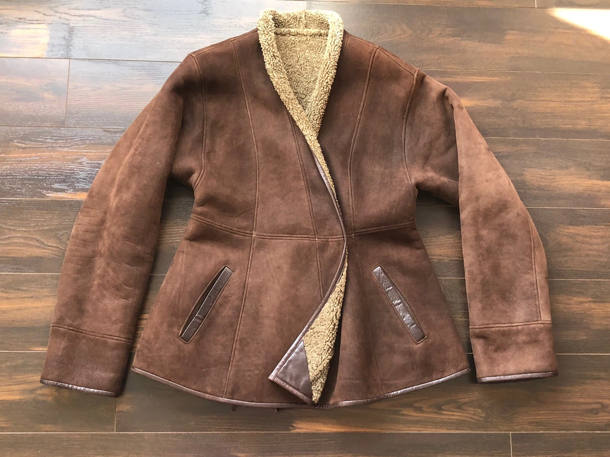 KENZO Shearling Coat Brown Made in France Size Small Leather Trim