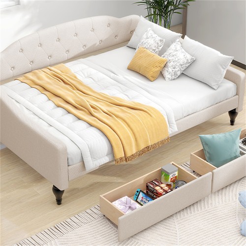 Full Size Daybed Upholstered Bed Frame Sofa Bed with 2 Storage Drawers Beige - Picture 6 of 18