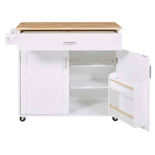 White Rubber Wood MDF Kitchen Cart with Drop-Leaf Countertop, Internal Storage