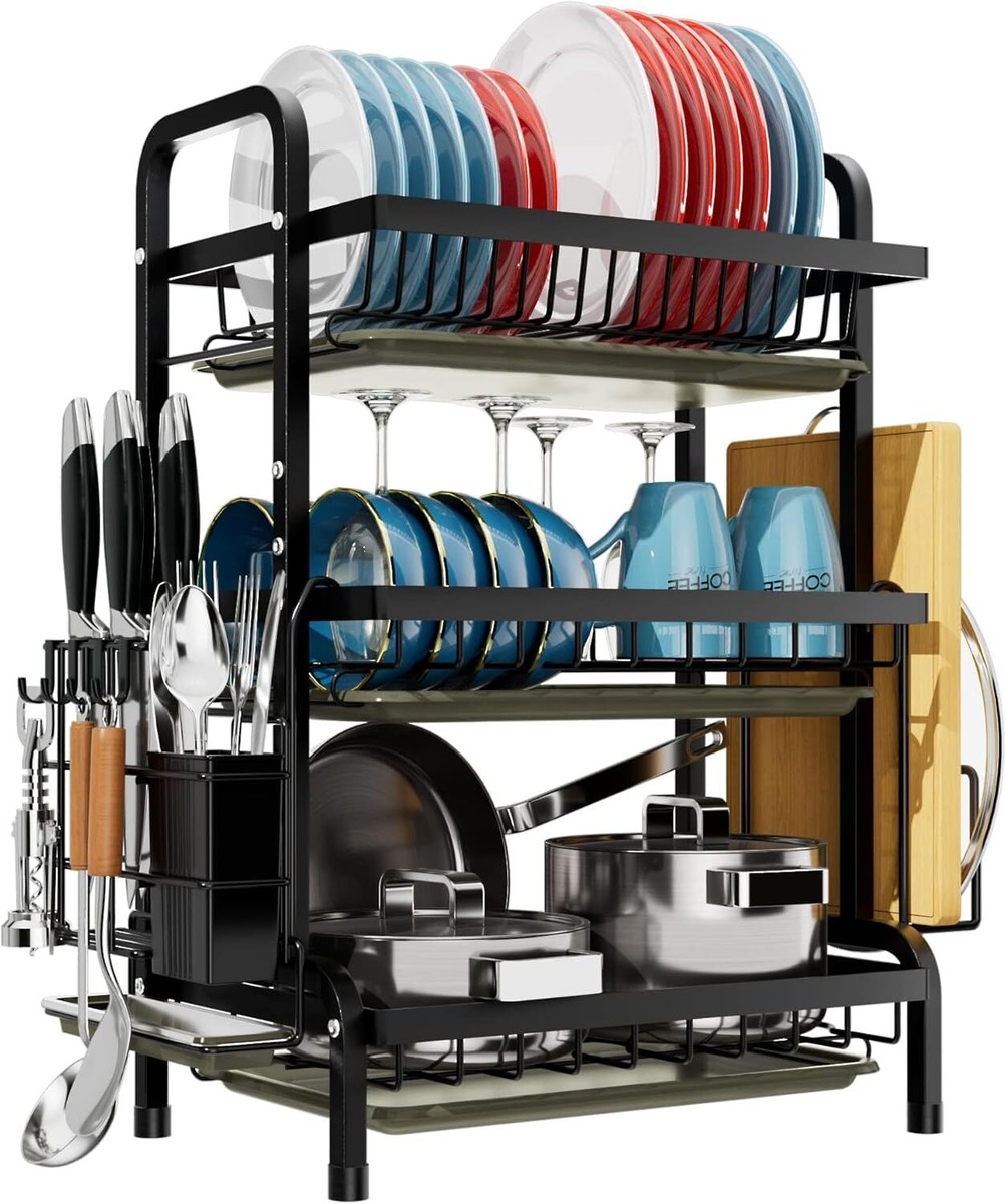 Tier Dish Drainer Rack with Drip Tray Cutlery Holder Plate Rack