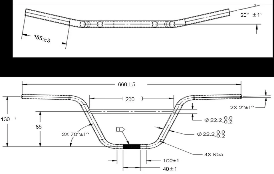 Barra manubrio BMX alluminio riser Ø22,2mm - 660mm lunghezza, 130mm altezza 354g - Immagine 3 di 3