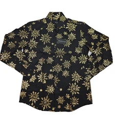 Barry Wang Long Sleeve Christmas Shirt Small Black with Gold Print 20% Silk