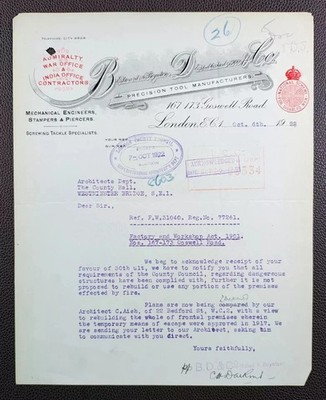 1922 Edward A. Boynton, B, D & Co, Ingenieure, Goswell Rd, London Brief