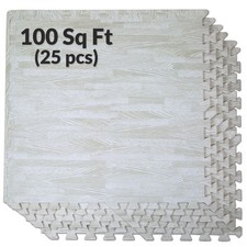 100 SqFt 3/8" White Wood Grain Foam Mat Interlocking Flooring 2'X2' 25pcs