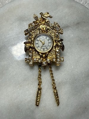 Regent Timepiece Watch Brooch Pendant Cuckoo Clock Goldtone Needs Battery
