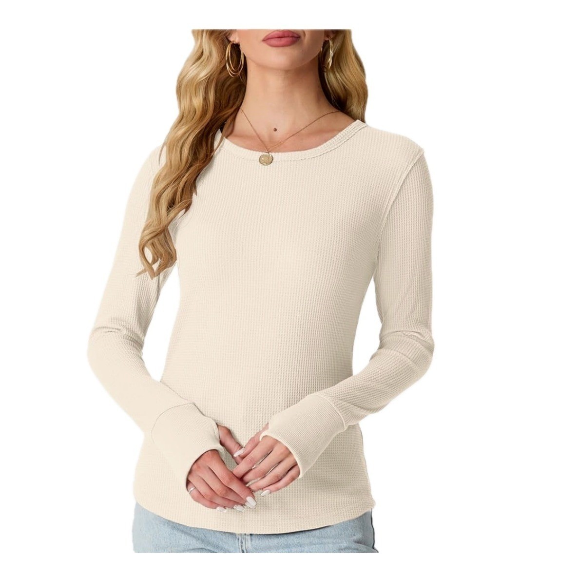 GRECERELLE Women's XL Waffle Knit Long Sleeve Shirt Crew Neck Slim Fitted Top