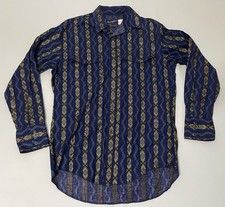 Vintage Wrangler Shirt Mens Sz 15 X Long Tail Blue Southwestern Aztec Pearl Snap