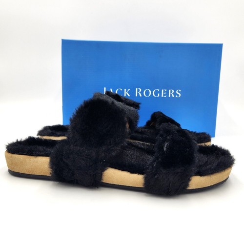Jack Rogers Women Black Faux Fur Lauren Comfort Cozy Strappy Slippers Size 5M - Picture 2 of 5