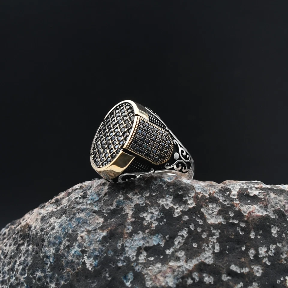 Anillo de plata de ley 925 hecho a mano turco con piedras preciosas de micro circón para hombre Foto 4 de 4