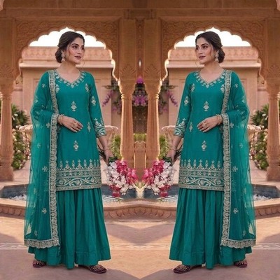 Attractive Look Teal Green Crepe Silk Top Lehenga With Net Dupatta For Women