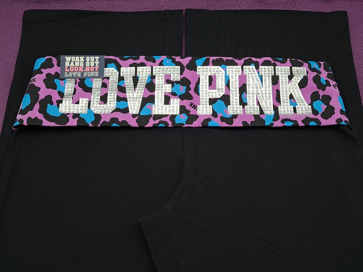 NIP Victoria's Secret Y2K PINK Yoga Pant Foldover Leopard BLING LG