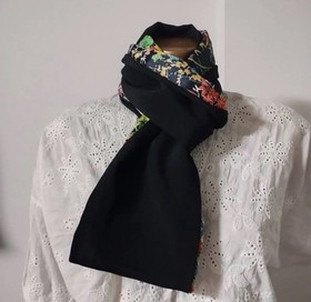 Handmade Kimono Silk Snood Reversible Scarf Floral Black Upcycled from Japan